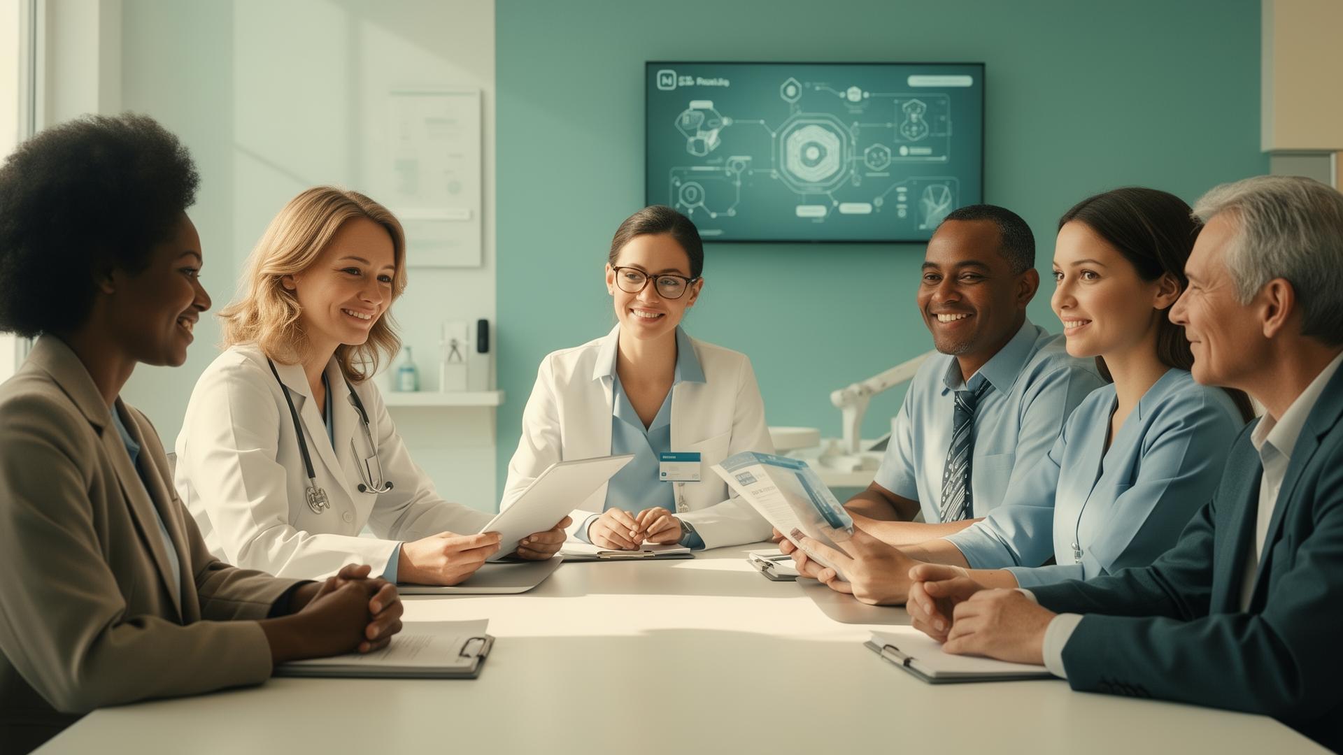 International team of professionals collaborating in a healthcare-technology setting