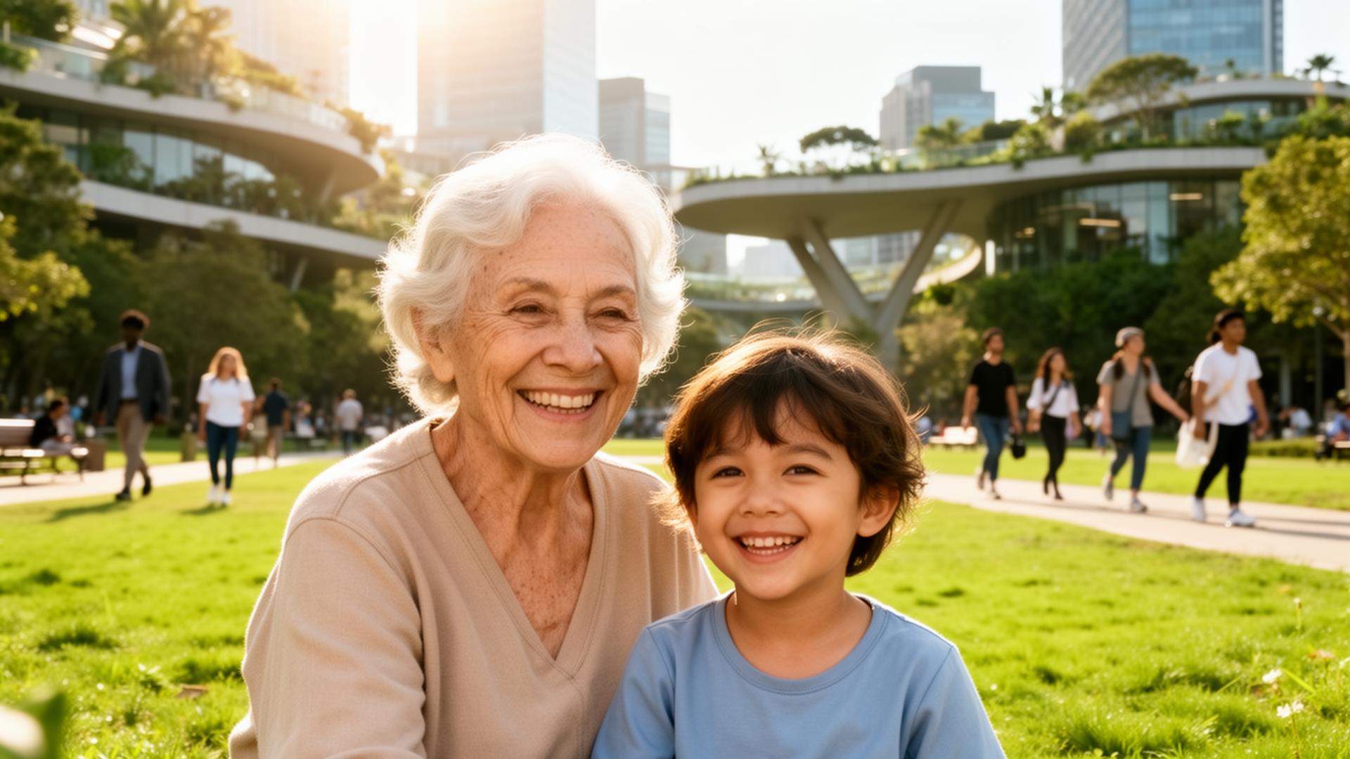 Elderly woman and young child smiling in a green urban park