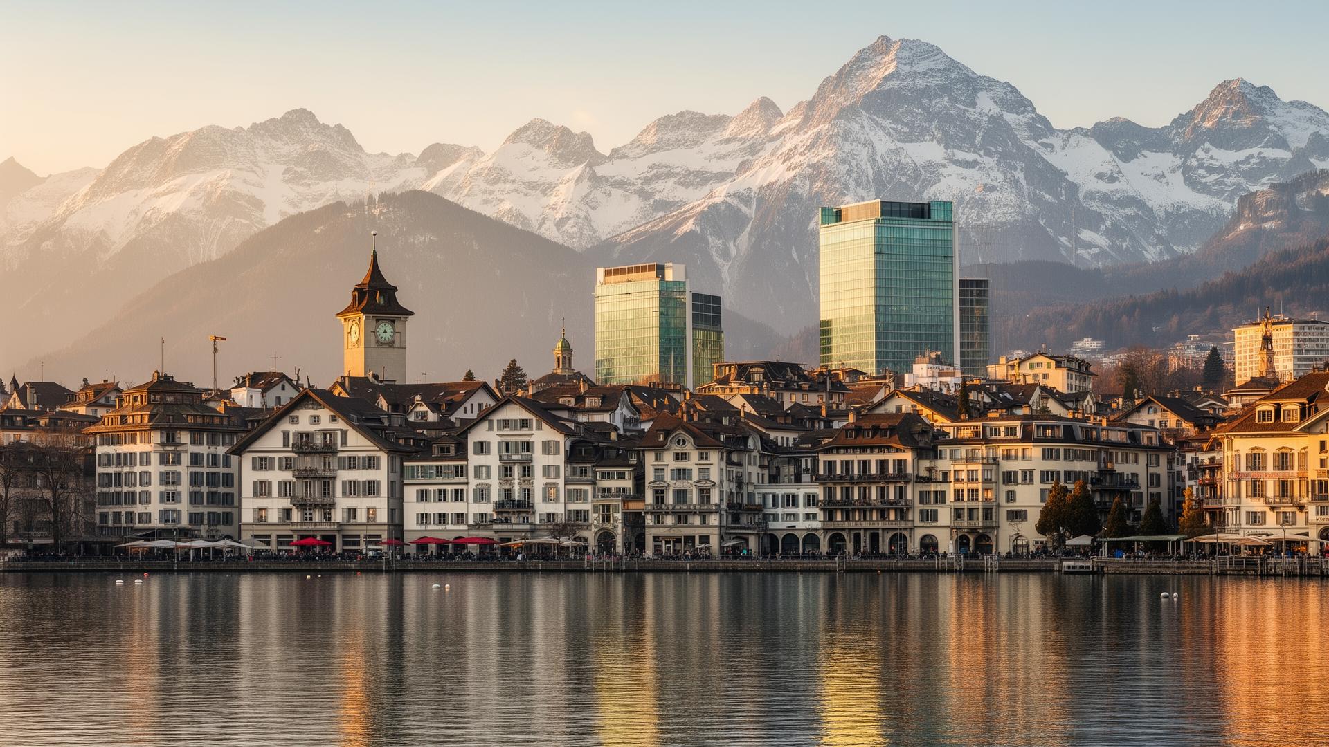 Swiss alpine city skyline at golden hour